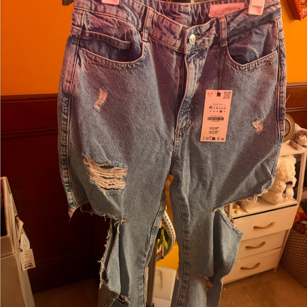 Zara Blue Straight Leg Jeans with Distressed Details
